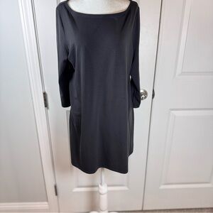 Eileen Fisher Black Tencel Tunic Top L Boat Neck Minimalist Stretch